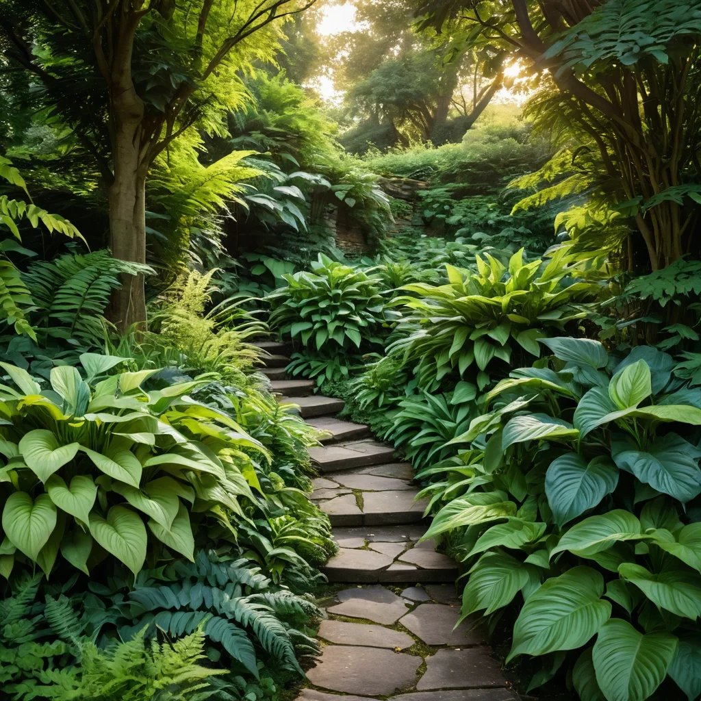 Фотореалистичное изображение зелени секретного сада: папоротники, хосты, плетистые розы, плющ, густой подлесок, разнообразные текстурные растения, создающие ощущение тайны и уюта, пышное цветение.
