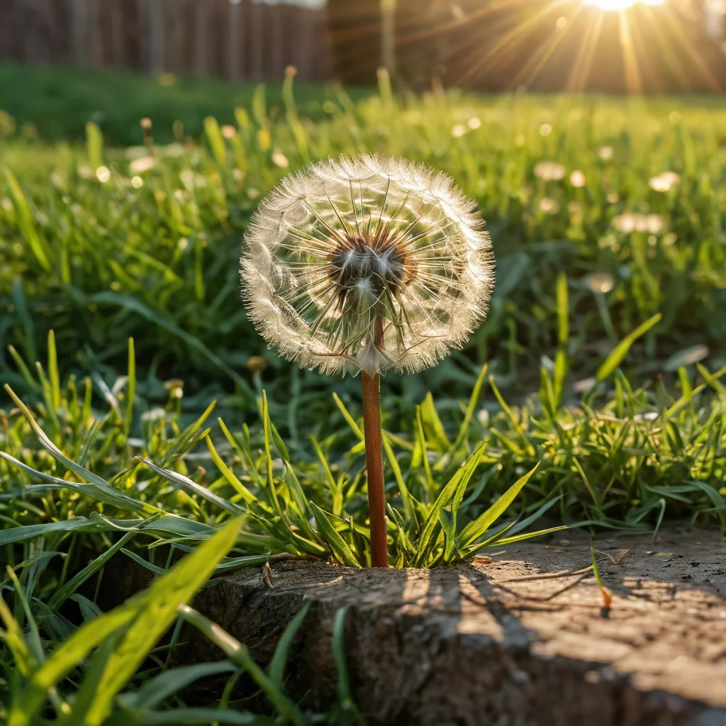 Крупный план одуванчика, пробивающегося сквозь спортивный газон, на фоне здоровой травы, символизирующий борьбу с сорняками; руки в перчатках удаляют нежелательные растения, показывая контроль над вредителями газона.