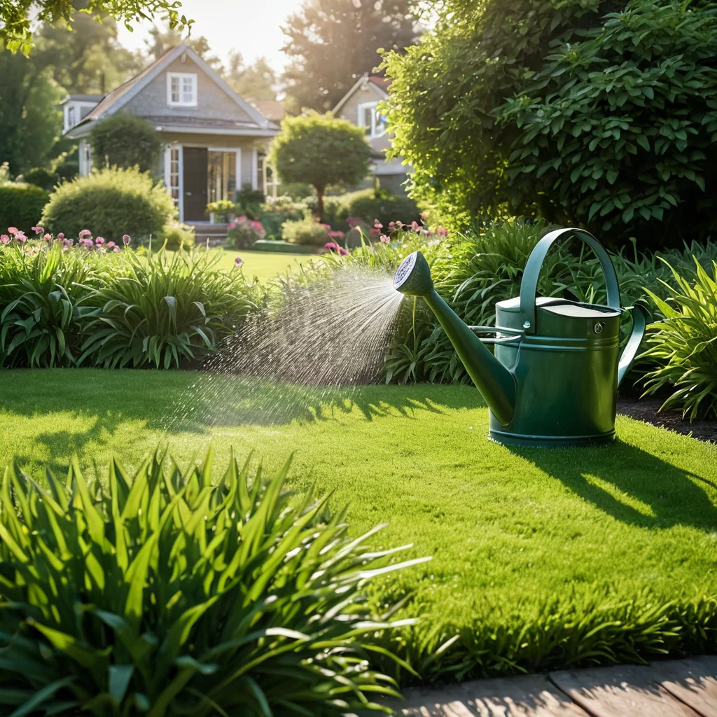 Садовод поливает спортивный газон с помощью спринклерной системы, поливочного шланга или лейки, демонстрируя здоровый зеленый покров с каплями росы, отражающими солнечный свет, в рамках ухода за садом.