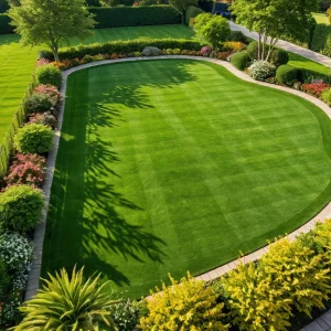 Идеальный спортивный газон с пышной зеленой травой, тщательно подстриженный, залитый солнечным светом, вид сверху, демонстрирующий яркий и здоровый покров с четкими границами, как на профессиональном спортивном поле.