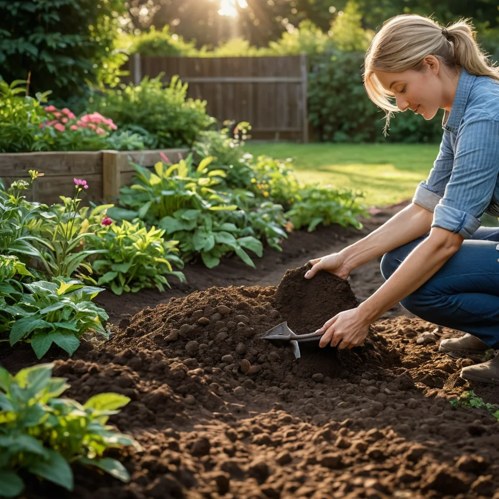 Садовод, подготавливающий почву для спортивного газона, с богатой темной землей, инструментом для культивации, добавлением компоста и песка для улучшения структуры грунта, готовит участок к посеву в естественных условиях.
