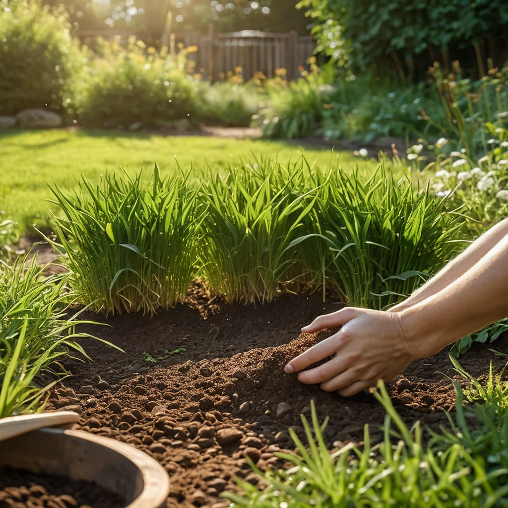 Рука, равномерно разбрасывающая семена травы из деревянной сеялки на подготовленную почву для спортивного газона, демонстрируя ровное распределение семян под весенним солнцем.