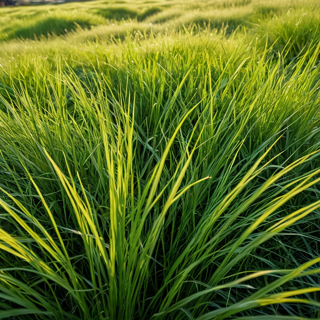 Крупный план различных сортов травы для спортивного газона, включая овсяницу, райграс и поленицу, с детальной текстурой здоровых стеблей, освещенных солнечными бликами, демонстрирующих естественный рост высококачественного дерна.