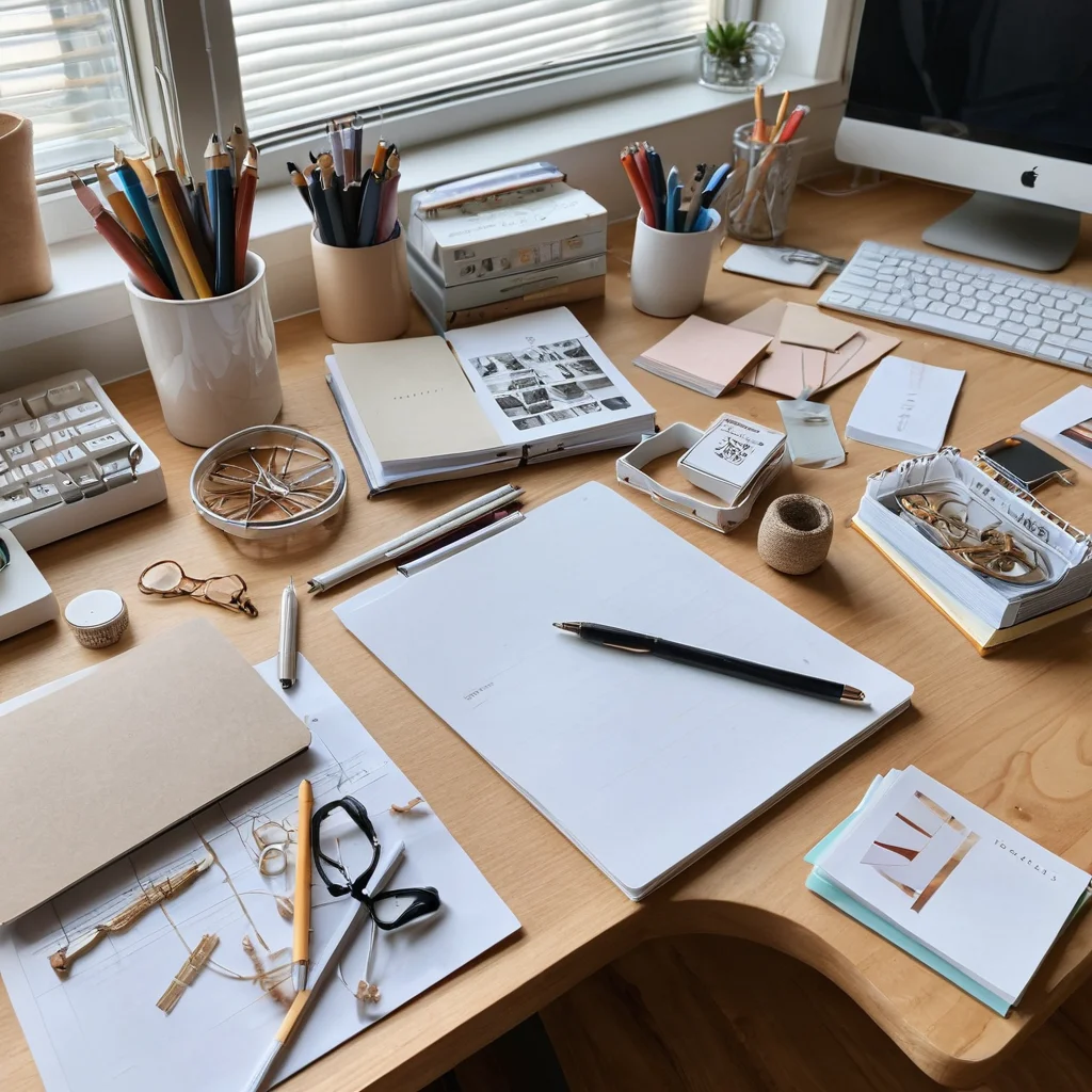 Загроможденный рабочий стол с разбросанной канцелярией, контрастирующий с аккуратным, стильным самодельным органайзером для канцтоваров, фотореалистичное изображение.