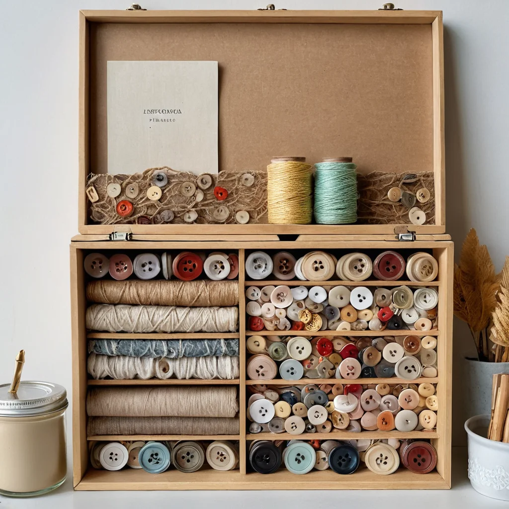 Использование остатков материалов, таких как обрезки ткани, старые пуговицы и шпагат, для создания креативного и экономного самодельного органайзера для канцелярии, фотореалистичное изображение.