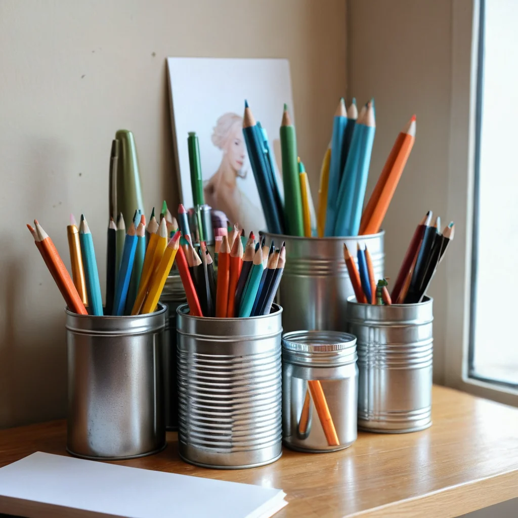 Готовый стильный самодельный органайзер для канцелярии из декорированных жестяных банок и стеклянных баночек, выглядящий как покупной, с аккуратно расставленными ручками и карандашами, фотореалистичное изображение.