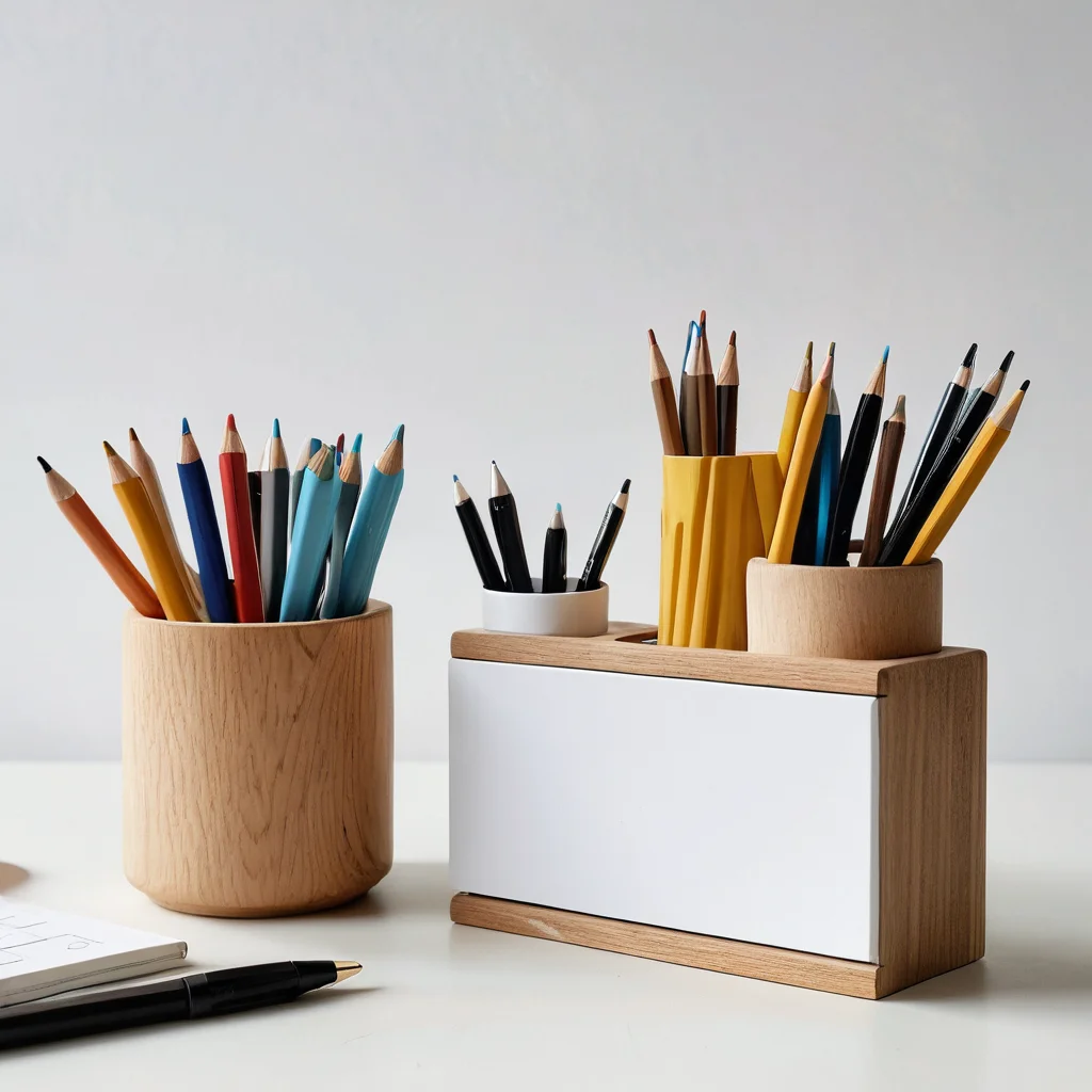Органайзер для канцелярии в скандинавском стиле, выполненный из минималистичных банок с акцентами из натурального дерева, аккуратно расставлены письменные принадлежности на чистом белом фоне, фотореалистичное изображение.