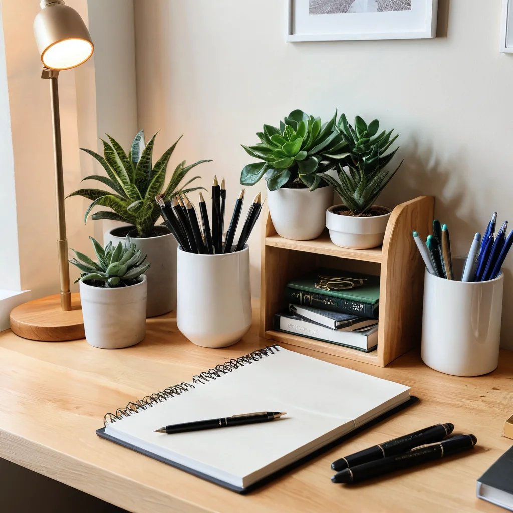 Уютный уголок рабочего места с красиво организованным самодельным органайзером для канцелярии из банок, ручками, блокнотами, комнатными растениями и хорошим освещением, фотореалистичное изображение.