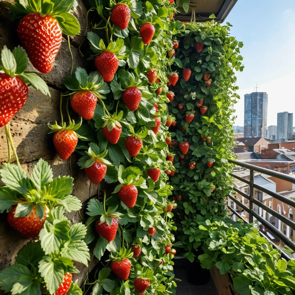Лучшие растения для вертикального сада: клубника в подвесных кашпо, зелень на настенном саду, яркие цветы и ампельные растения, пример съедобного вертикального сада.
