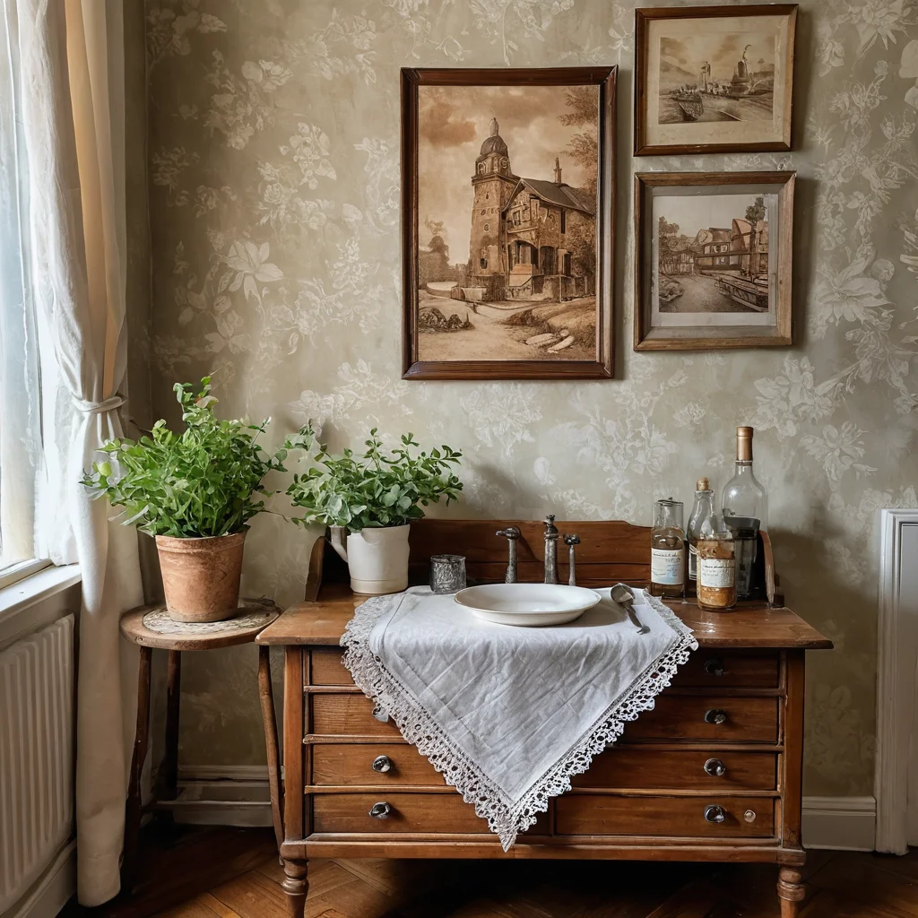 Современная гостиная с элементами винтажного декора: состаренный комод, самодельные салфетки и картины в старинном стиле, демонстрирующие адаптивность винтажа.