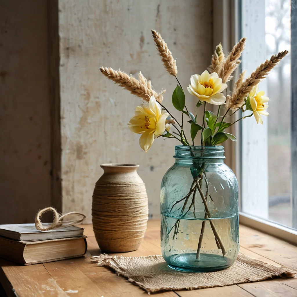 Пошаговая демонстрация превращения обычной стеклянной банки в винтажную вазу с помощью состаривающих техник и декоративных элементов.