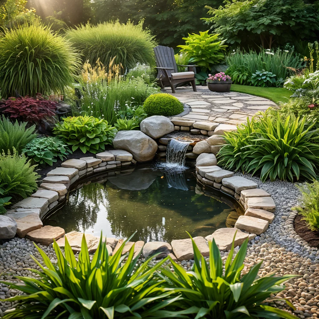 Набор материалов для создания водного сада: гибкая пленка для пруда, натуральные камни разных размеров, гравий, саженцы водных растений и садовый инвентарь, готовые к использованию.