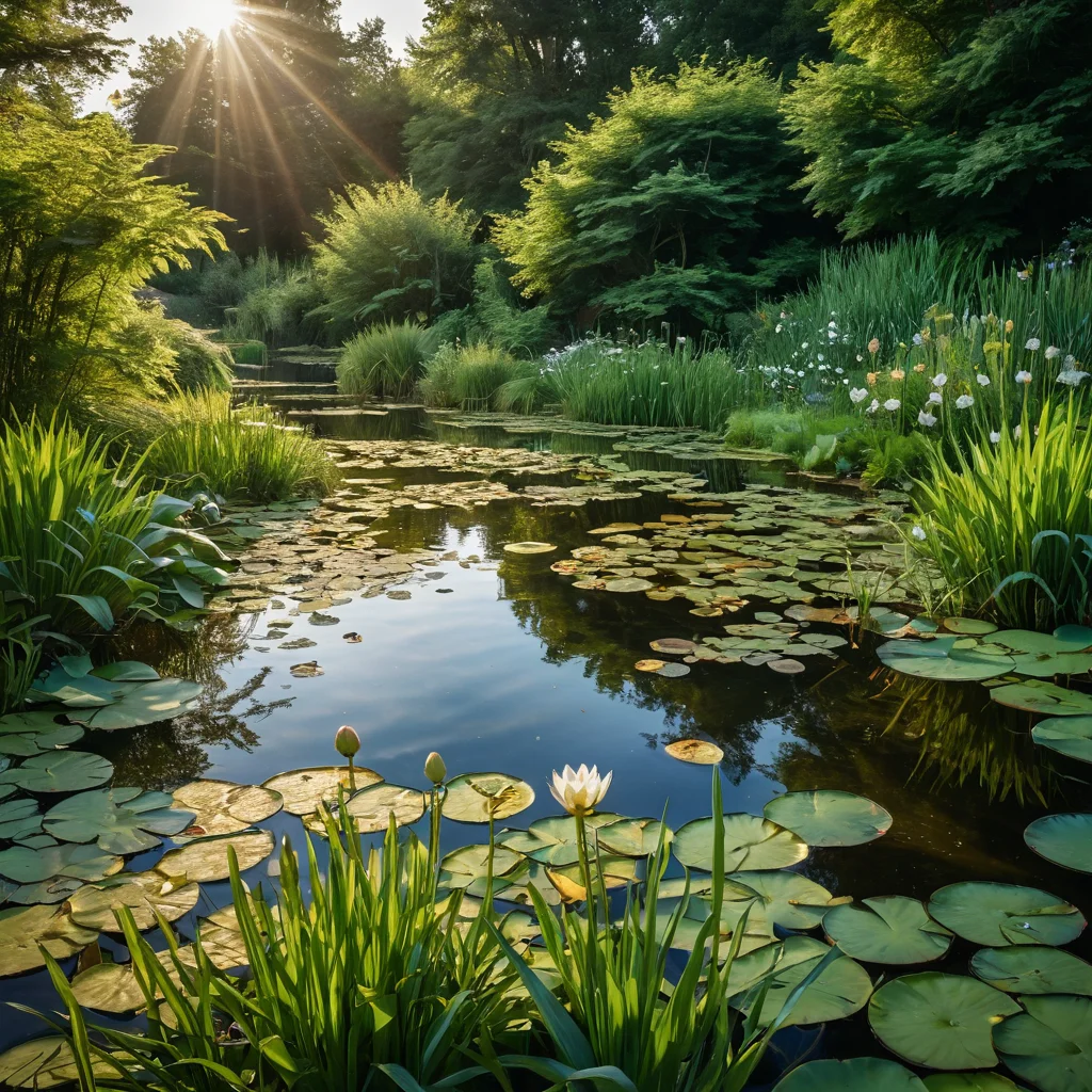 Разнообразие растений для водного сада: кувшинки с крупными листьями и яркими цветами, ирисы, камыш и другие прибрежные и водные растения, создающие пышную зеленую экосистему водоема.