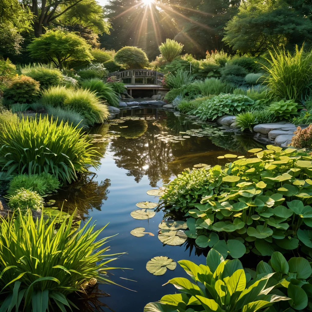 Уход за водным садом: кристально чистая вода в пруду, здоровые водные растения, работающий фильтр, процесс удаления сорняков и водорослей для поддержания здоровой экосистемы.