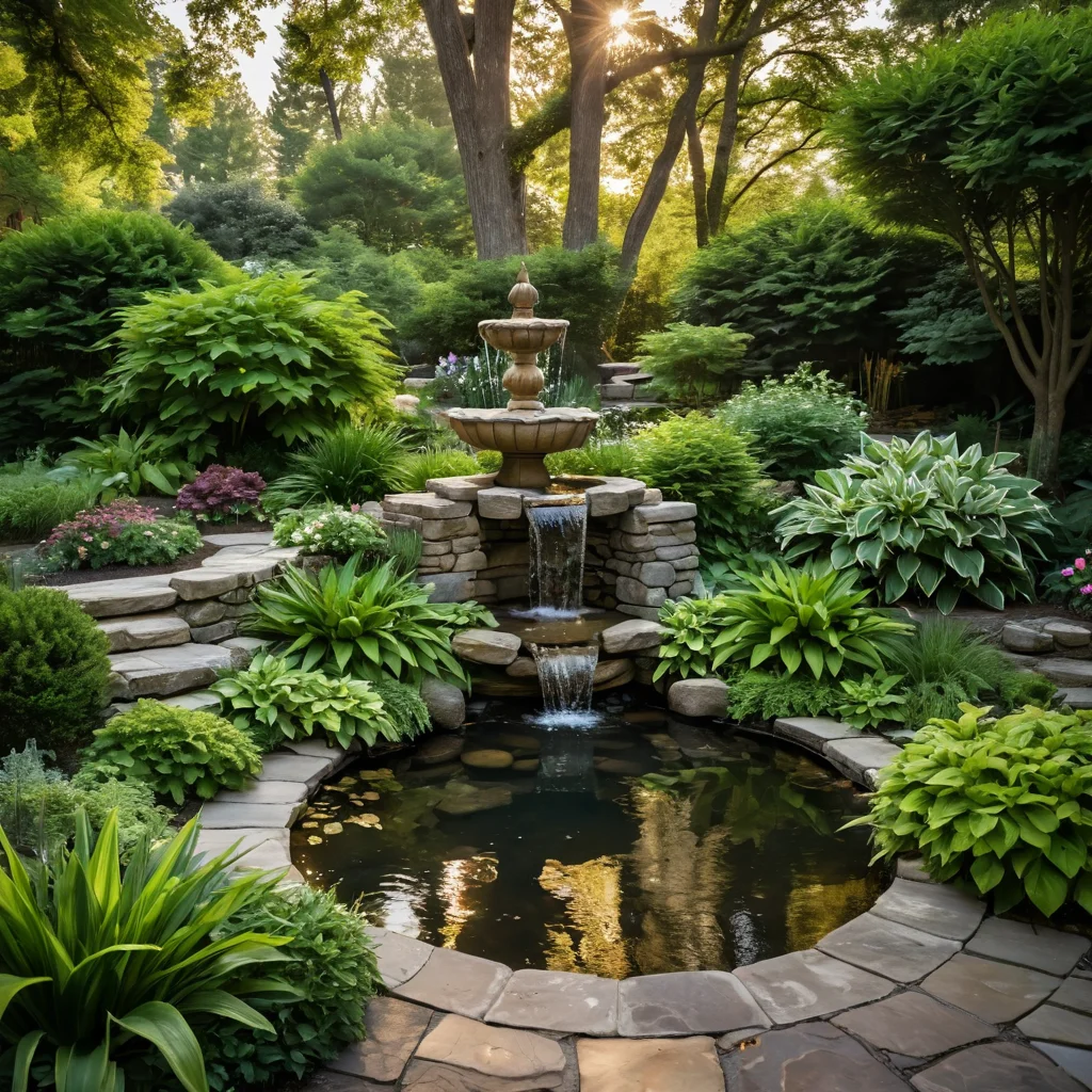 Разнообразие водоемов для сада: небольшой пруд, живописный ручей с переливающейся водой и элегантный фонтан, демонстрирующие варианты создания водного сада.