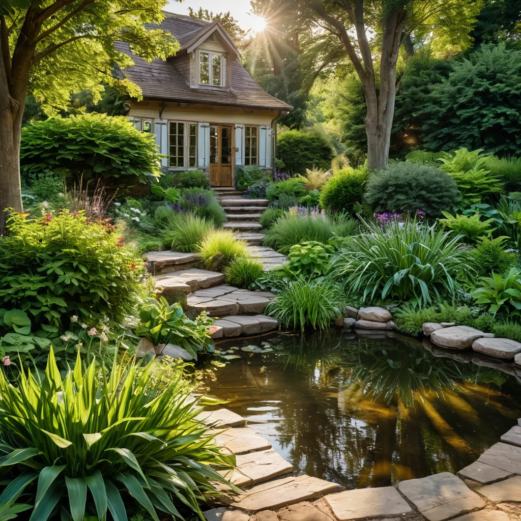 Идеальное место для водного сада: солнечная поляна, частично затененная раскидистым деревом, в окружении разнообразных растений, гармонично вписанная в природный ландшафт дачного участка.