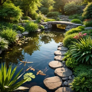Умиротворяющий водный сад с пышной зеленью и тихим прудом, создающий райский уголок на даче. Изображение передает атмосферу спокойствия и естественной красоты, освещенной солнечными лучами, с элементами мотивов водных обитателей.