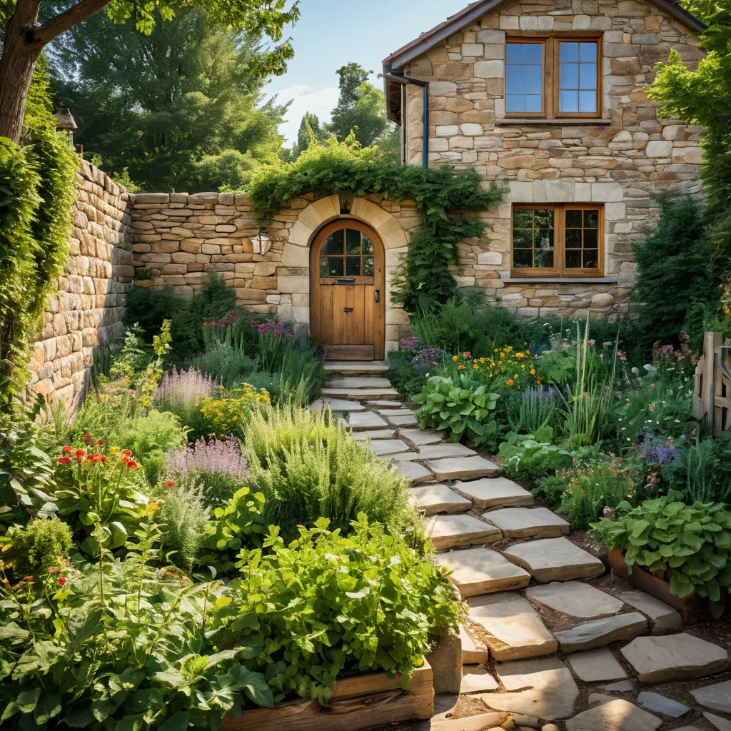 Крестьянский дизайн 'заячьего огорода' с каменными стенами, приподнятыми грядками, разнообразными овощами, травами и полевыми цветами под солнечным светом.