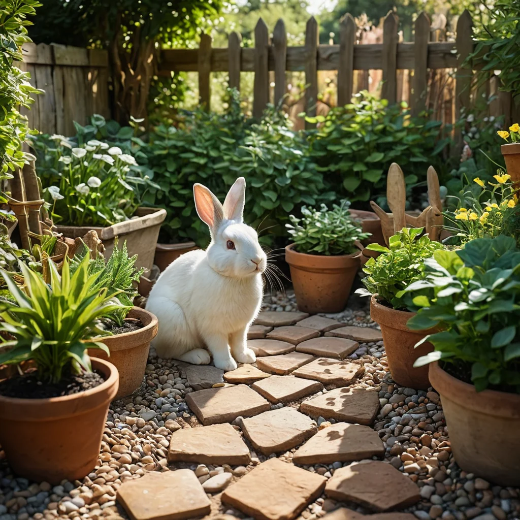Крупный план натуральных материалов для 'заячьего огорода': текстурные камни, состаренное дерево, гравийные дорожки, терракотовые горшки и небольшой декоративный забор.