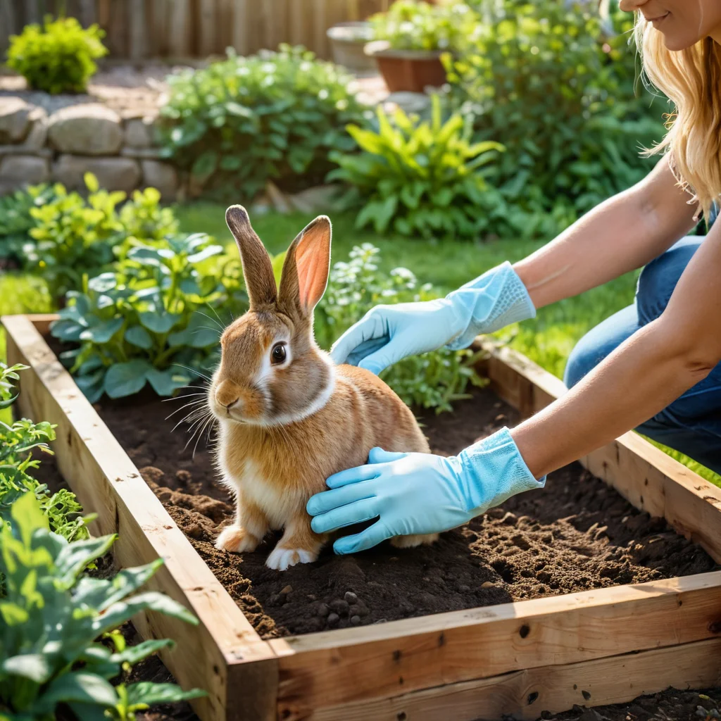 Руки садовода, строящего 'заячий огород': возведение приподнятых грядок, укладка камней и посадка рассады, процесс создания своими руками, в садовой перчатке.