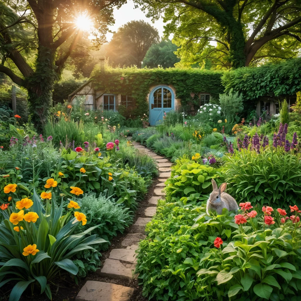 Изобилующий 'заячий огород' с пышной зеленью, съедобными цветами, травами и мелкими овощами, демонстрирующий процветающие растения и красочное садовое изобилие.