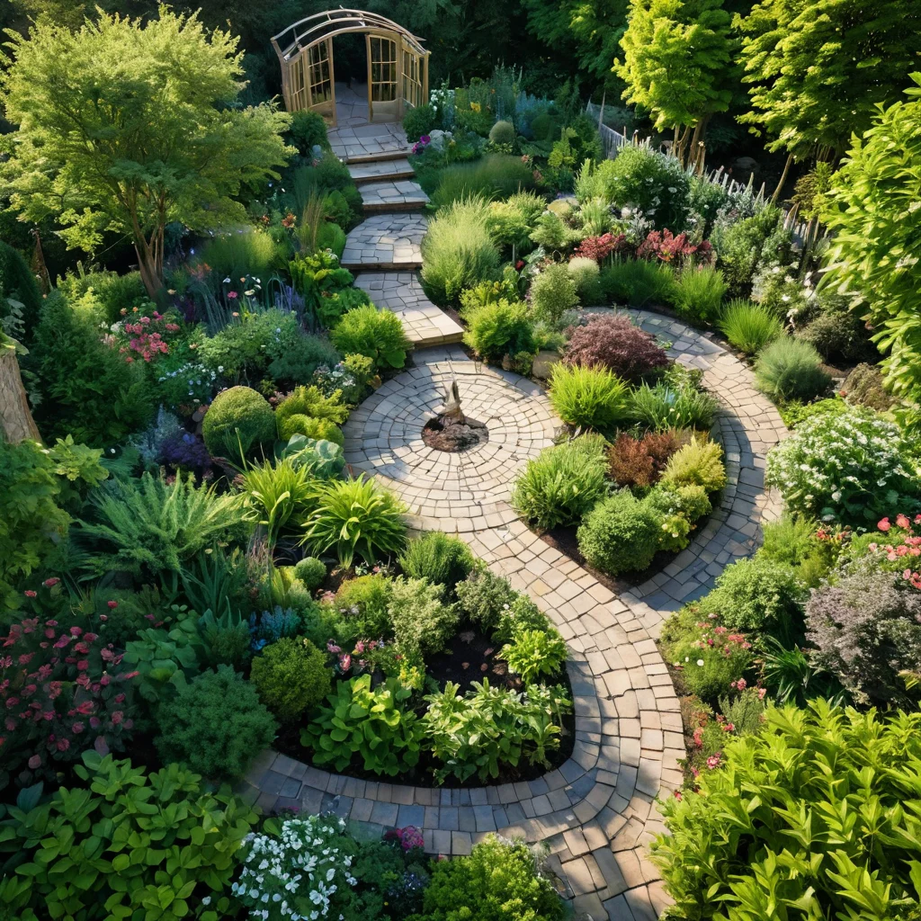 Вид с высоты птичьего полета на тщательно спланированный 'заячий огород' с круглой планировкой, извилистыми тропинками и разнообразными зонами посадки, обрамленный натуральным камнем.