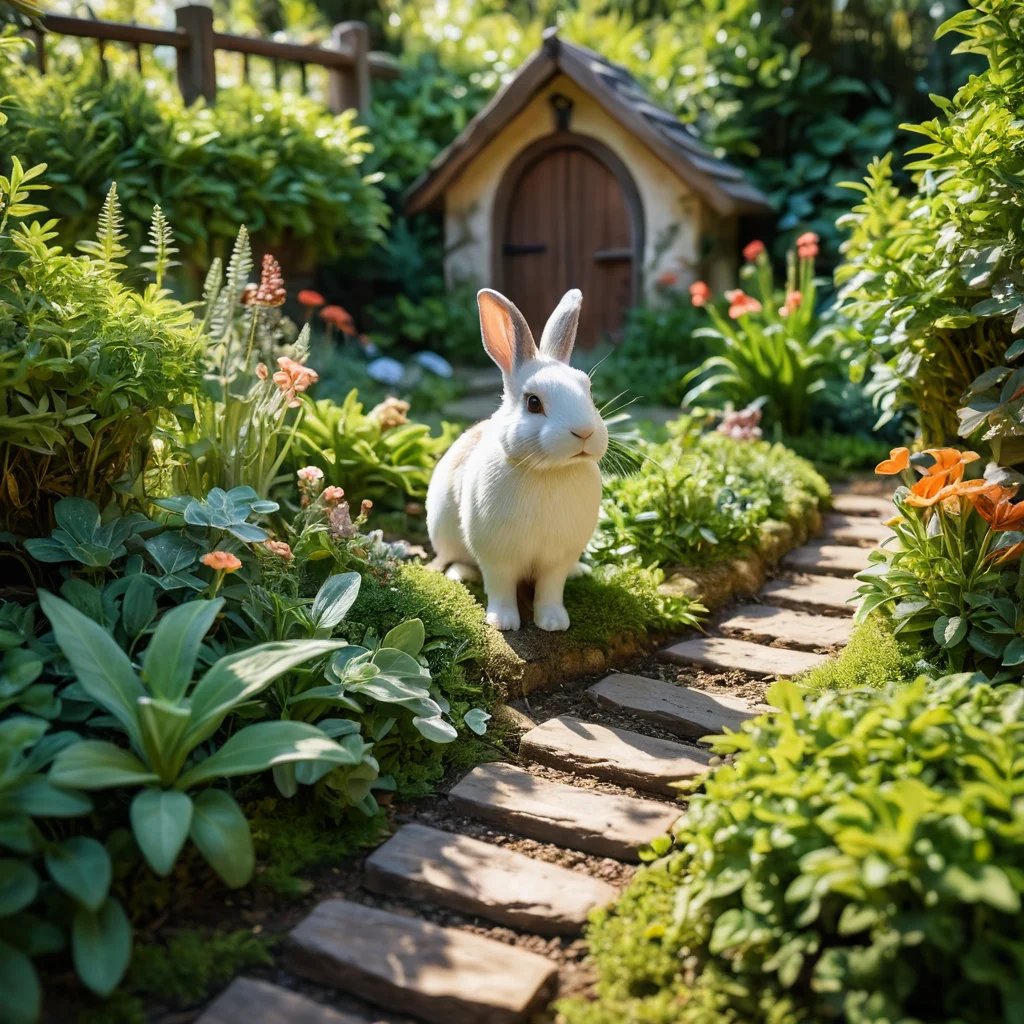 Волшебный миниатюрный сад, полный очарования и игривости, с кроликами, оживляющими пространство, яркими цветами и уютными тропинками, создающий атмосферу 'заячьего огорода'.