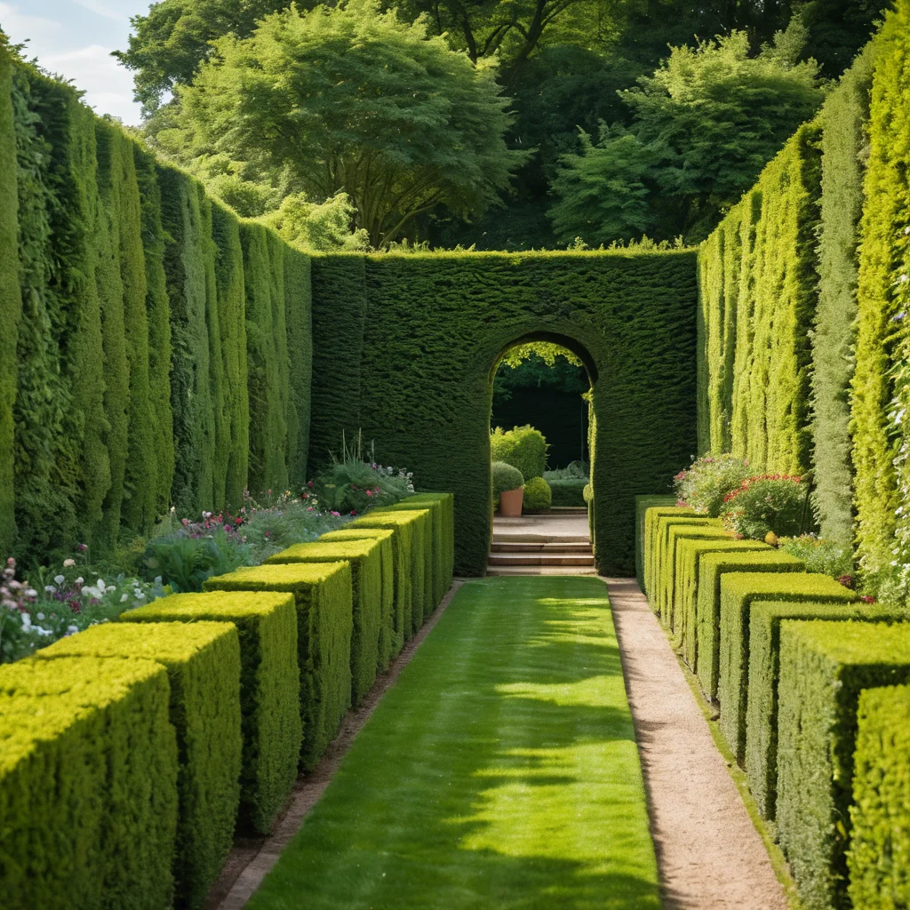 Формирование изгороди садового лабиринта: острые ножницы, точные стрижки, ухоженные зеленые стены, четкие проходы, садовник в процессе работы.