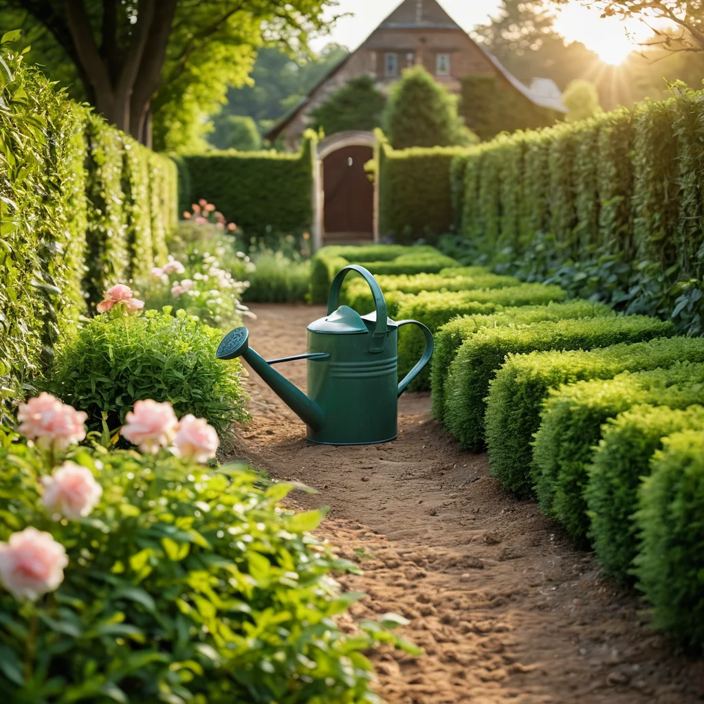 Посадка живого лабиринта: молодые растения в ряд, свежевскопанная земля, садовые инструменты, лейка, четкая дорожка, новый сад в процессе создания.