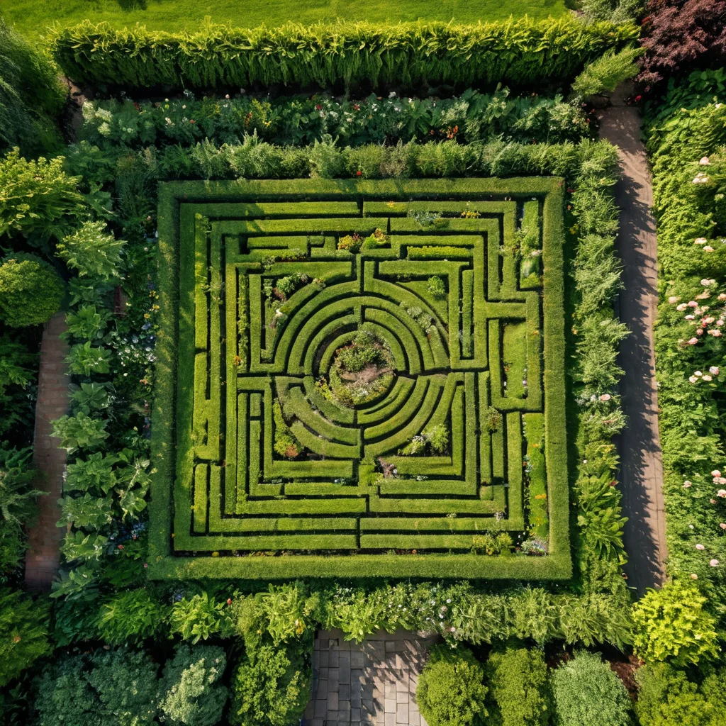 Планирование садового лабиринта: рулетка на газоне, колышки и меловой рисунок, эскиз ландшафтного дизайна, вид сверху, подготовка к посадке.