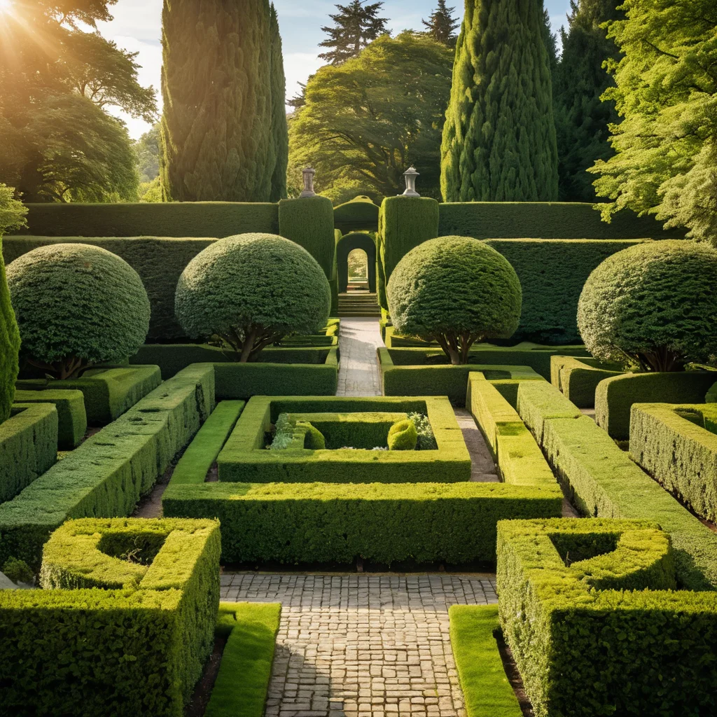 Классический геометрический лабиринт из живой изгороди с каменными дорожками, расположенный в формальном саду с симметричной планировкой.