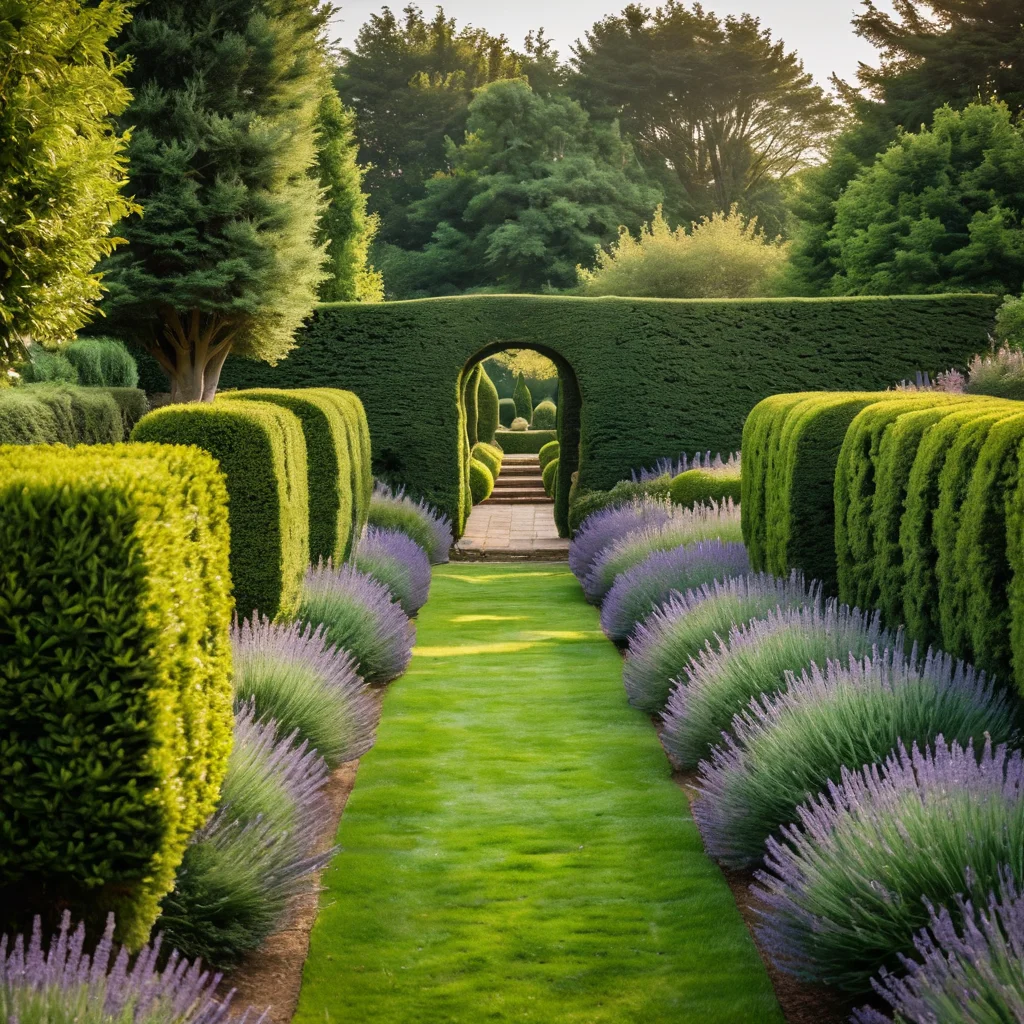 Подбор растений для садового лабиринта: пышные лавандовые изгороди, бордюры из самшита, цветущие кустарники и разнообразие текстур.