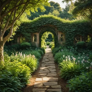 Волшебный садовый лабиринт, вдохновляющий на создание укромного уголка в саду, залитый солнечным светом, с пышной зеленью и таинственными тропинками.