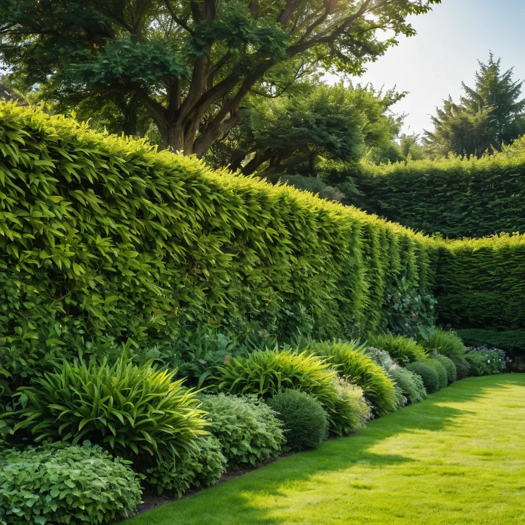 Фотореалистичное изображение запущенной, неопрятной живой изгороди с редкими участками и увядшими листьями, иллюстрирующее распространенные ошибки в уходе и создании, с намеком на контраст с будущим здоровым ростом.