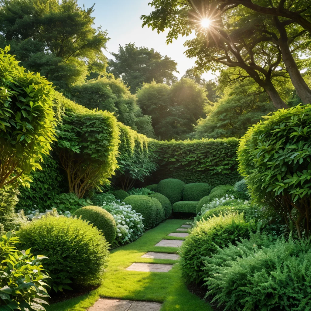 Фотореалистичное изображение пышной зеленой живой изгороди, разделяющей два ухоженных сада, с мягким солнечным светом, пробивающимся сквозь листву, создавая атмосферу умиротворения и естественности.