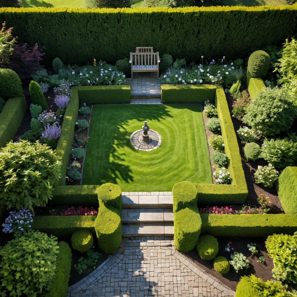 Фотореалистичное изображение садового плана с разметкой мест для посадки живой изгороди, демонстрирующее процесс измерения участка и расчета необходимого количества растений, выполненное в стиле подробного планирования.