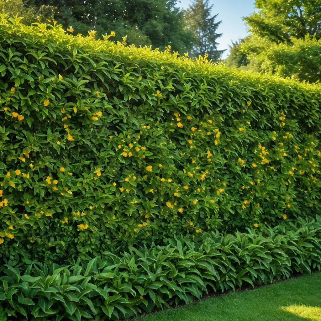Фотореалистичный крупный план цветущих растений для живой изгороди, с яркими цветами и разнообразными зелеными листьями, иллюстрирующий популярные виды, подходящие для создания сада.