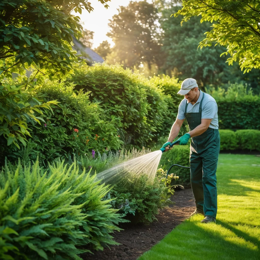 Фотореалистичный садовод, поливающий и подкармливающий живую изгородь, осматривая ее на предмет вредителей, демонстрируя уход и здоровый рост растений в детальном исполнении.