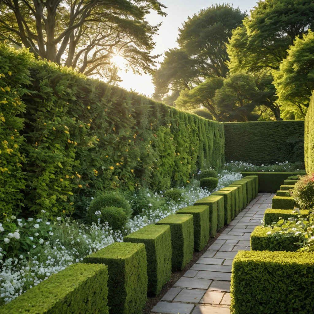 Фотореалистичная композиция, демонстрирующая разнообразие типов живых изгородей: строгая стриженая изгородь, раскидистая цветущая изгородь и смешанный кустарниковый бордюр, представленные в контексте ландшафтного дизайна.
