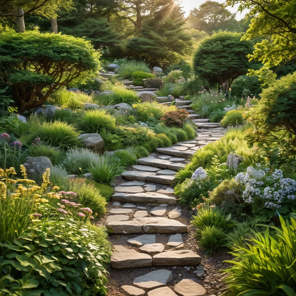 Изящная извилистая змейка в саду, созданная из натуральных камней и обильно украшенная разнообразными растениями и полевыми цветами, вдохновляющая композиция на пологом склоне, залитая солнечным светом.