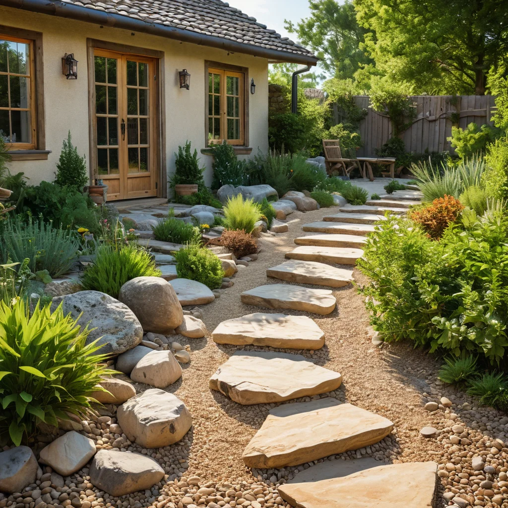 Натуральные материалы для создания змейки в саду: крупный окатанный камень, гравий, песчаный грунт для дренажа, подготовка основания с использованием геотекстиля.