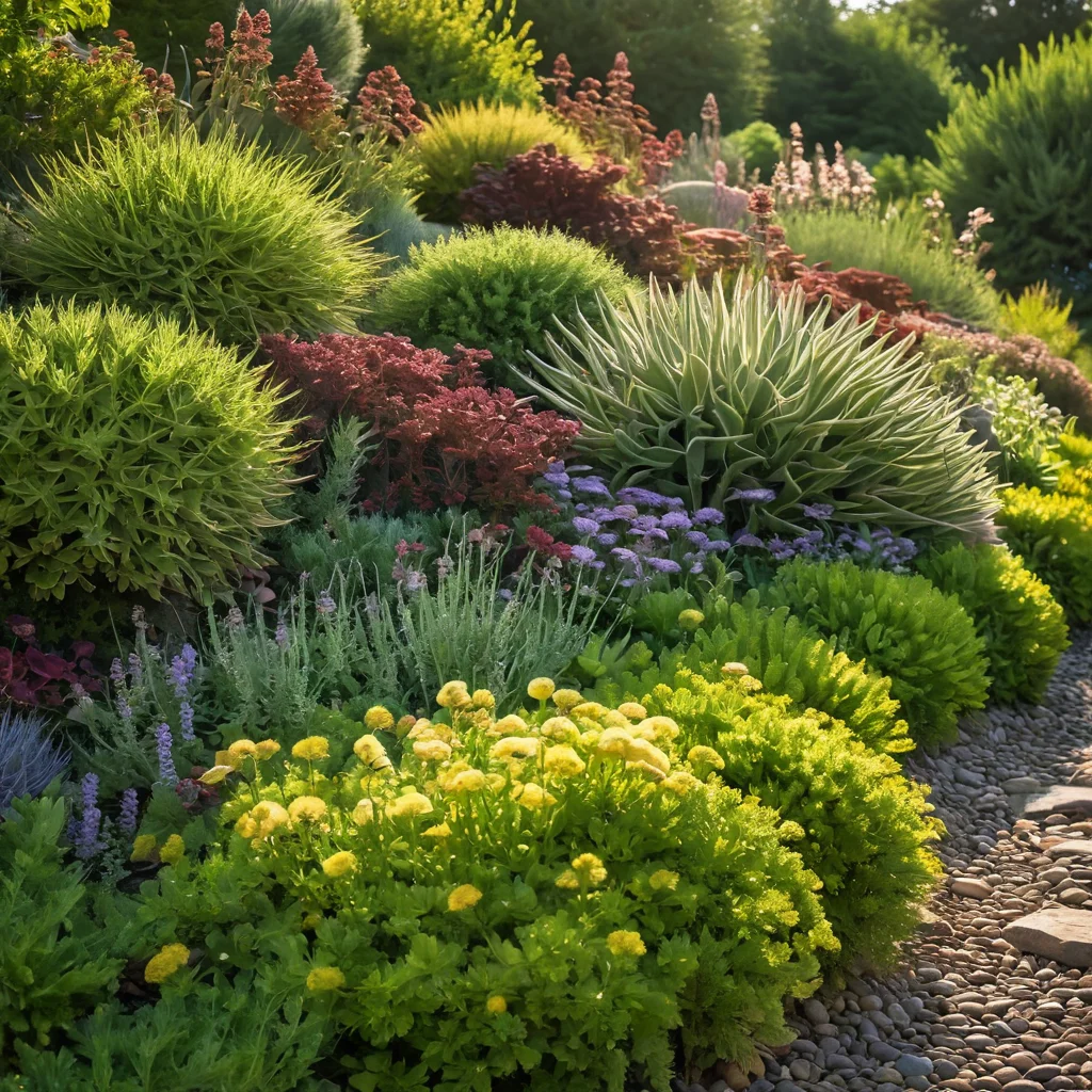 Идеальные растения для змейки в саду: засухоустойчивые многолетники, такие как тимьян, очиток и молодило, декоративные травы и яркие цветы, гармонично расположенные среди камней.