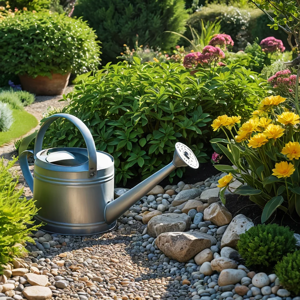 Уход за змейкой в саду: процесс полива из лейки, прополка, мульчирование гравием, сезонная обрезка растений, летний сад, вид крупным планом.