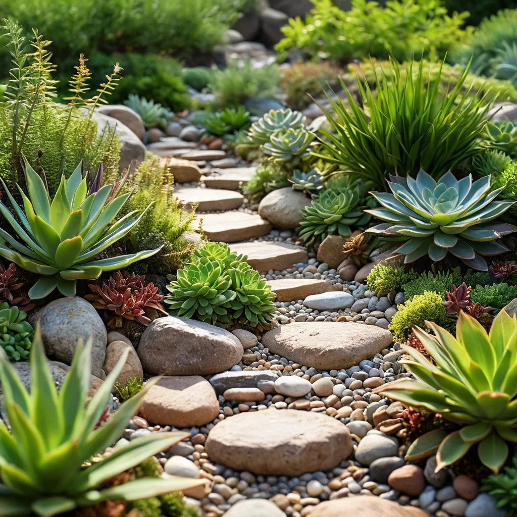 Миниатюрная змейка-миксбордер в саду, с тщательно подобранными суккулентами и альпийскими растениями, детализированный вид на небольшом ландшафтном участке, каменная россыпь, фотография в высоком разрешении.