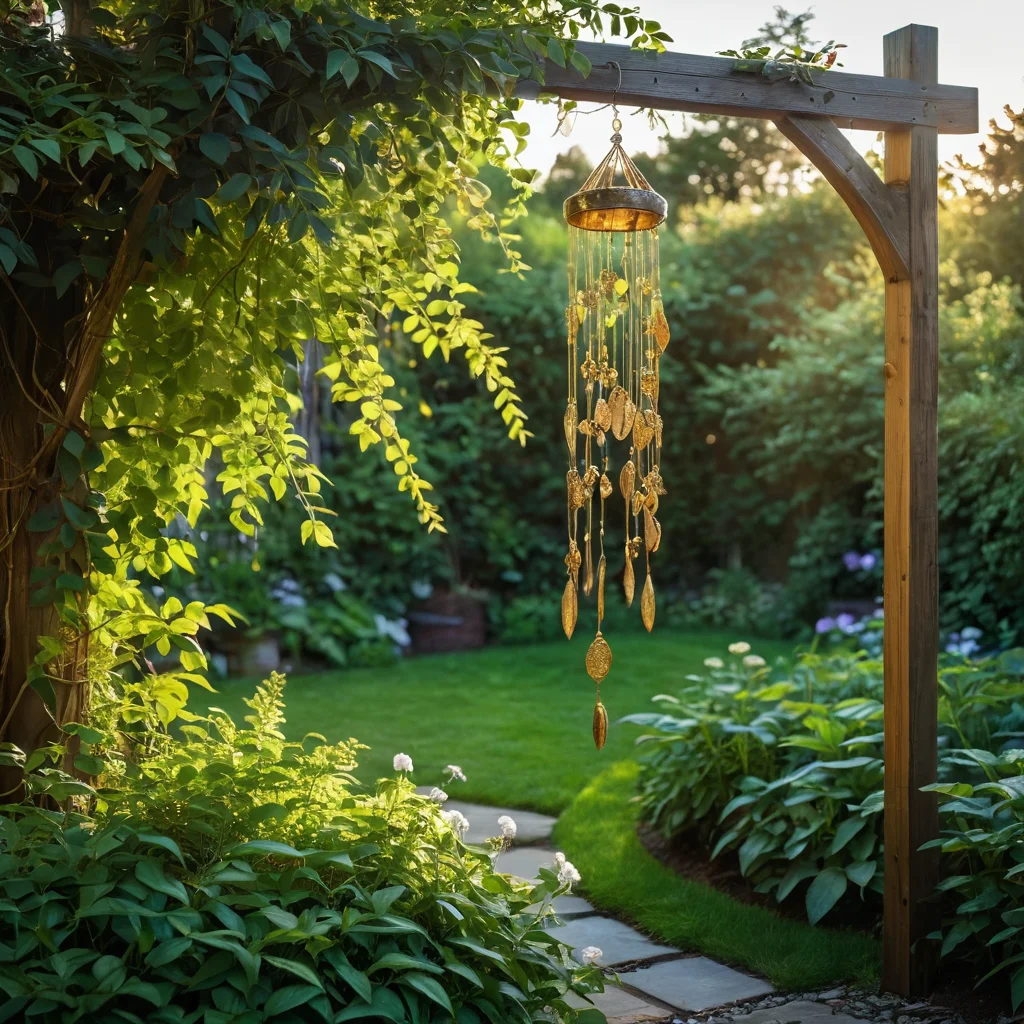 Изображение типичных ошибок при создании звукового забора: плохо размещенный колокольчик, запутанные нити, заросли растений, мешающие звуку, и дисгармоничный декор, создающий неприятный шум.