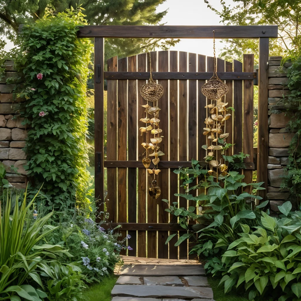 Элементы для создания звукового забора: деревянные доски, металлические ветряные колокольчики, акценты из натурального камня и вьющиеся растения, демонстрирующие разнообразие материалов.