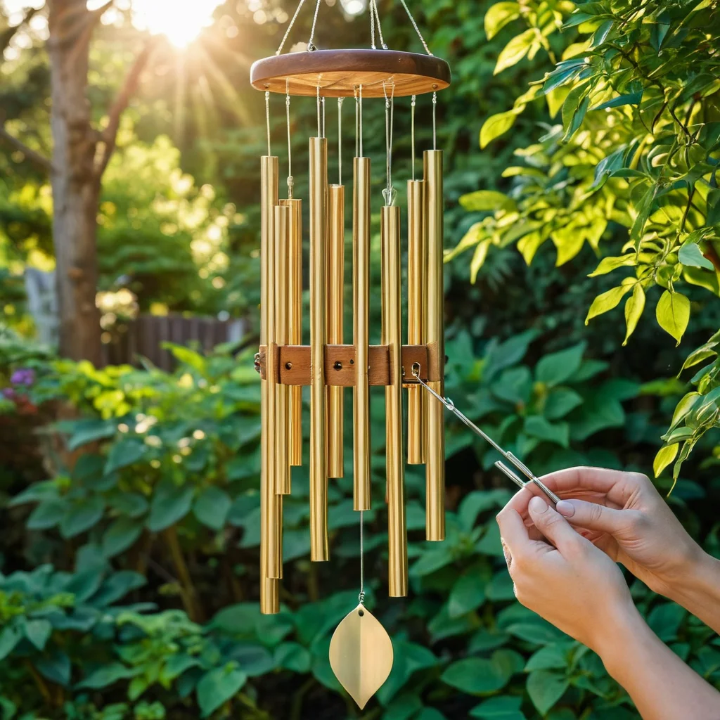 Крупный план рук, собирающих простейший ветряной колокольчик своими руками: деревянные детали, нити и металлические трубки, иллюстрирующие пошаговую инструкцию.