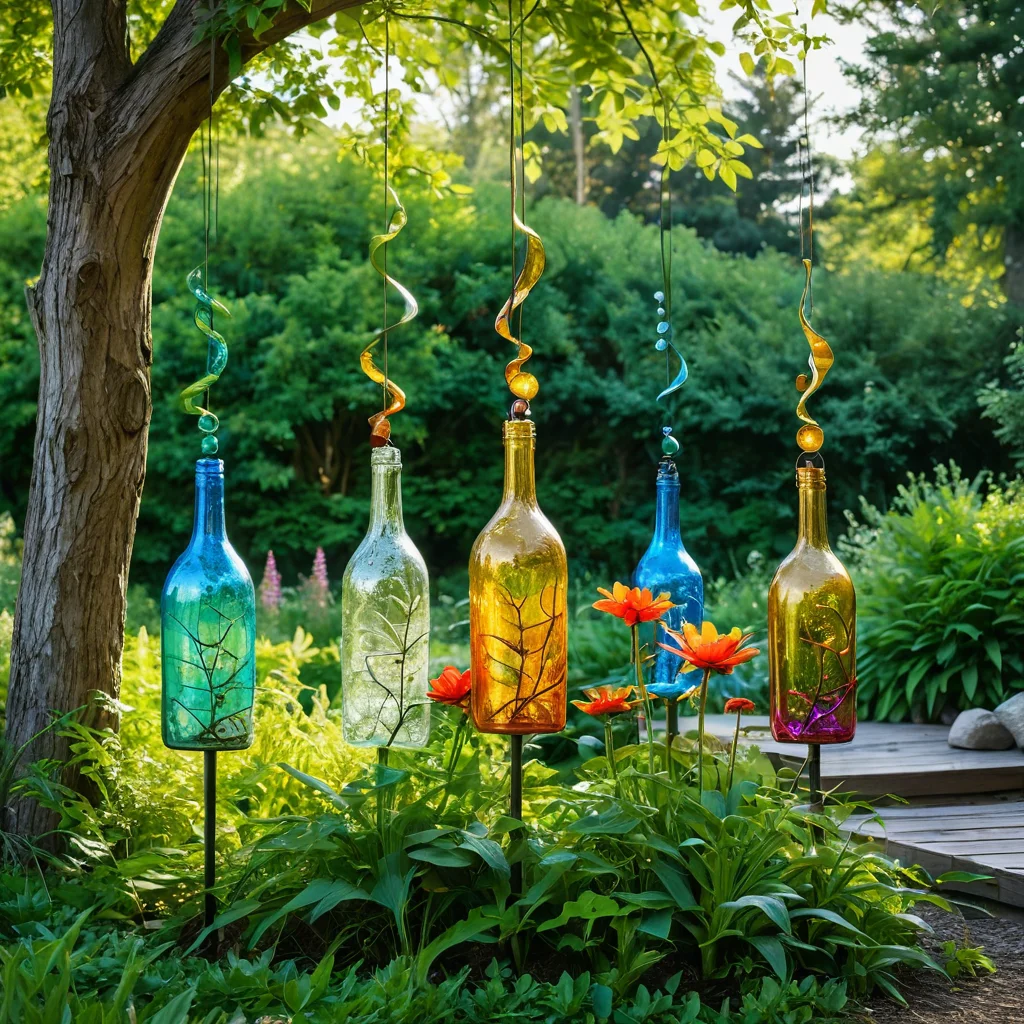 Оригинальная декоративная звуковая инсталляция для сада, созданная из переработанных материалов, таких как расписные стеклянные бутылки и необычные ветряные скульптуры, демонстрирующая идеи для творчества.