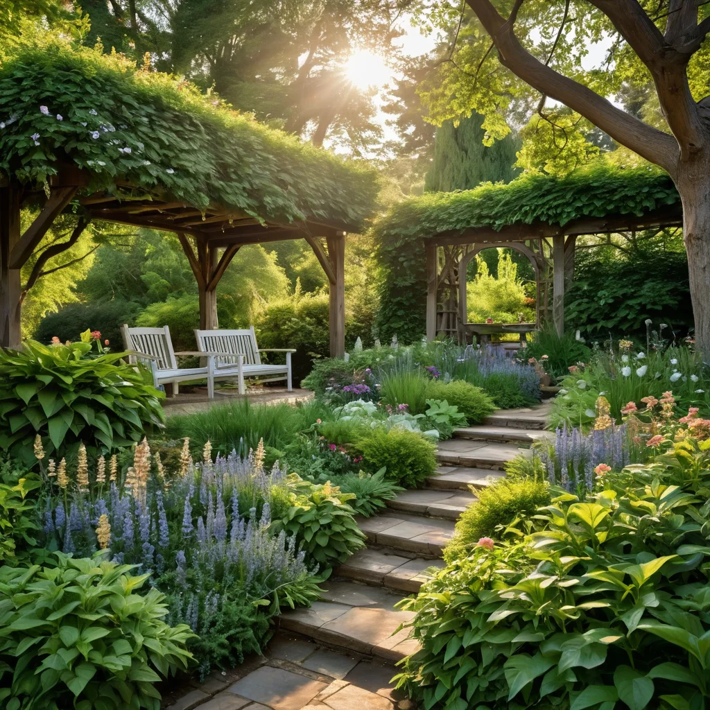 Безмятежный сад, залитый мягким солнечным светом, создающий атмосферу уюта и тишины, где слышны лишь звуки природы, идеально для создания звукового забора.