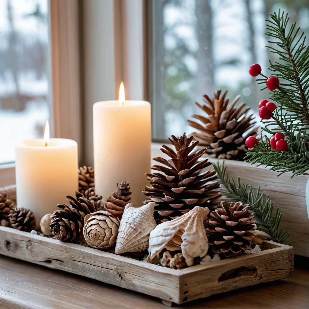 Композиция с сезонными акцентами: зимняя композиция с шишками и ягодами рядом с летней композицией из ракушек и коряг, оживляющая интерьер.